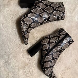 Jeffrey Campbell Black and Gray Snake Print Ankle Boots